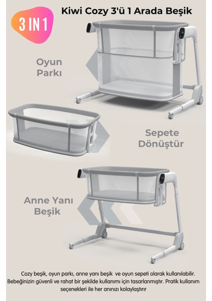 Cozy Premium 3in1 Ağlamaya Duyarlı Anne Yanı Beşik, Park Yatak White Noise ile Kesintisiz Uyku - Latte Renk