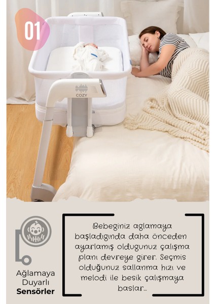 Cozy Premium 3in1 Ağlamaya Duyarlı Anne Yanı Beşik, Park Yatak White Noise ile Kesintisiz Uyku - Latte Renk