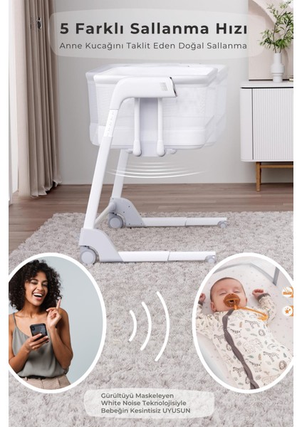 Cozy Premium 3in1 Ağlamaya Duyarlı Anne Yanı Beşik, Park Yatak White Noise ile Kesintisiz Uyku - Latte Renk