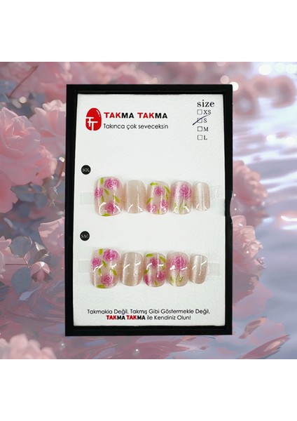 Tekrar Kullanılabilen El Yapımı Kısa Yuvarlak Pembe Protez Takma Tırnak - Large