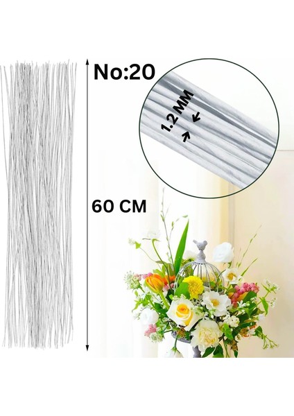 Beyaz Yapay Çiçek Teli, No:20 (1.2 Mm) - Çiçek Aranjman Yapım Teli, 500 gr (150-160 Adet), 60 cm