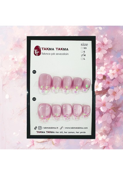 Tekrar Kullanılabilen El Yapımı Kısa Oval Pembe Protez Takma Tırnak - Large