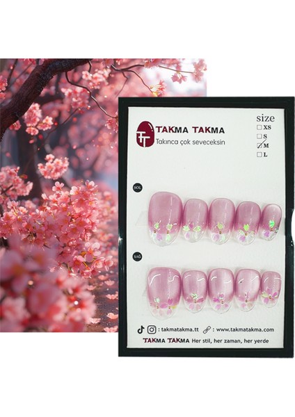 Tekrar Kullanılabilen El Yapımı Kısa Oval Pembe Protez Takma Tırnak - Large