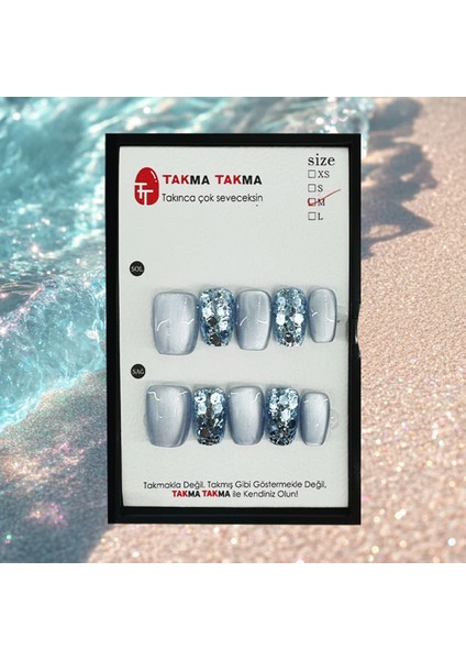 Tekrar Kullanılabilen El Yapımı Kısa Coffın Mavi Protez Takma Tırnak - Medium