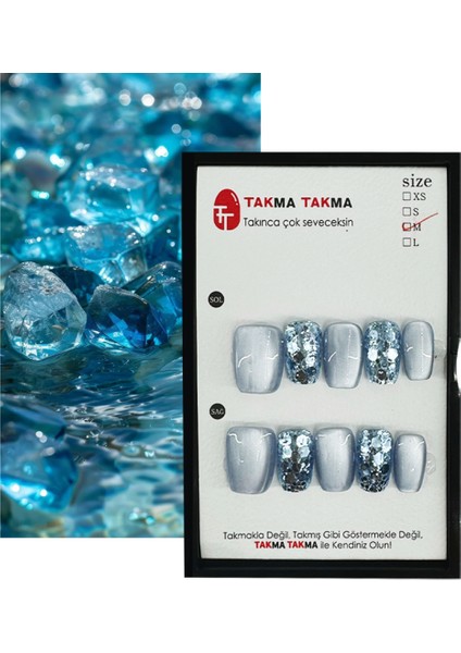 Tekrar Kullanılabilen El Yapımı Kısa Coffın Mavi Protez Takma Tırnak - Medium