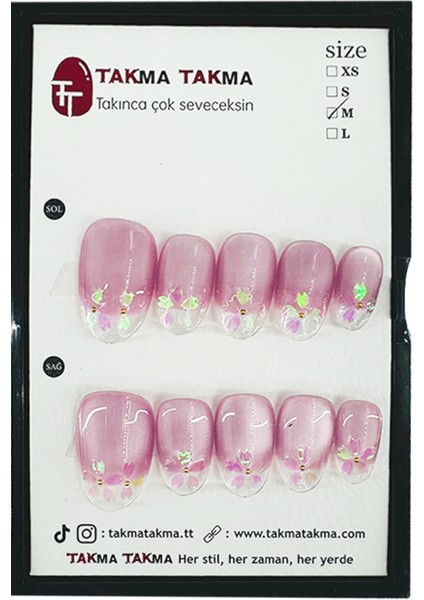 Tekrar Kullanılabilen El Yapımı Kısa Oval Pembe Protez Takma Tırnak - Small