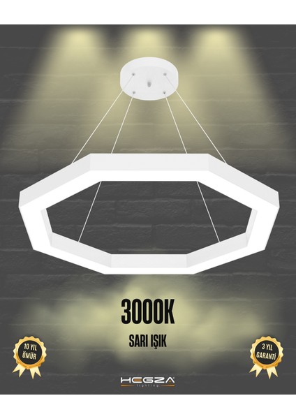 Octagon (Beyaz Kasa, Sarı Işık) Ledli Modern Sarkıt Linear LED Avize Salon Mutfak Oturma Odası Yatak Odası Antre Hol LED