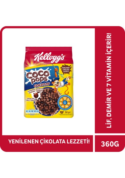 Coco Pops Çokotop Çikolatalı Buğday ve Mısır Gevreği 360 Gr; Lif; Demir ve 6 Vitamin içerir