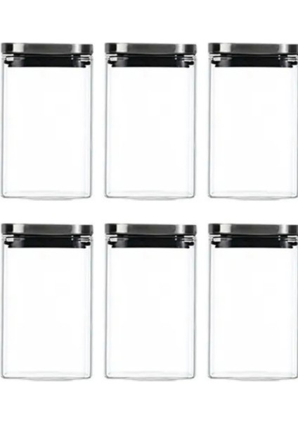 Vakum Krom Kapaklı Kare Cam Kavanoz 8x8*13 cm - 650 ml Cam Baharatlık Saklama Kabı 6 Adet