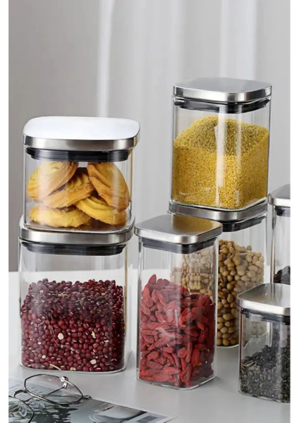 Vakum Krom Kapaklı Kare Cam Kavanoz 8x8*13 cm - 650 ml Cam Baharatlık Saklama Kabı 6 Adet