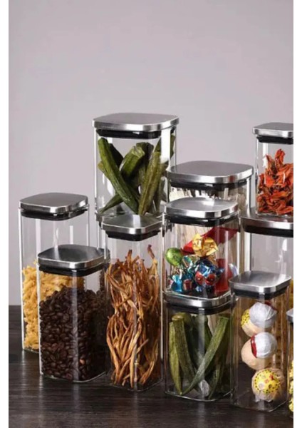Vakum Krom Kapaklı Kare Cam Kavanoz 8x8*13 cm - 650 ml Cam Baharatlık Saklama Kabı 6 Adet