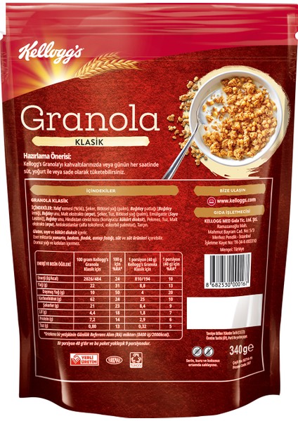 Granola Klasik 340 Gr x 3 Adet,%56 Yulaf içerir, Lif Kaynağı, Renklendirici İçermez, Kahvaltılık Gevrek