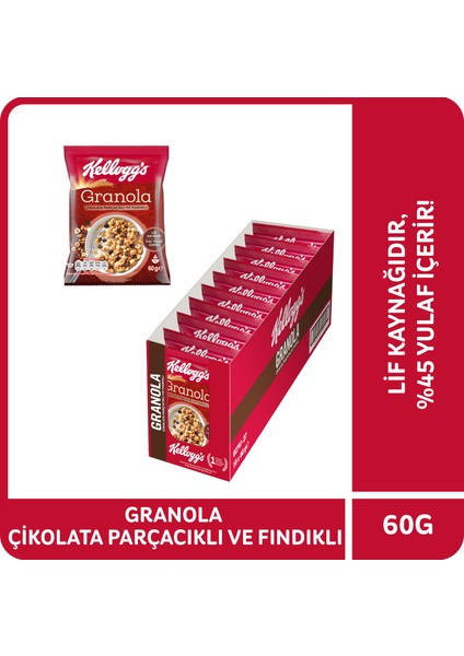 Granola Çikolata Parçacıklı ve Fındıklı 60 Gr x 10 Adet, 44% Yulaf İçerir