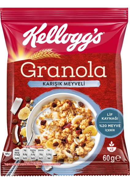 Granola Karışık Meyveli 60 Gr x 10 Adet, %42 Yulaf içerir, %20 Meyve içerir