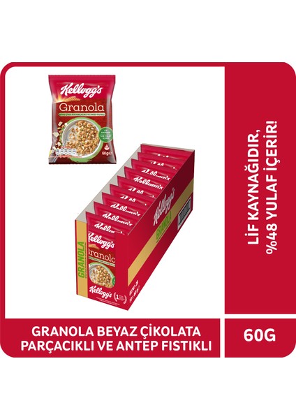 Granola  Beyaz Çikolata Parçacıklı ve Antep Fıstıklı 60Gr (10'lu), 46% Yulaf İçerir