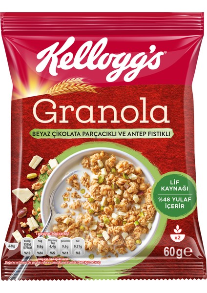 Granola  Beyaz Çikolata Parçacıklı ve Antep Fıstıklı 60Gr (10'lu), 46% Yulaf İçerir