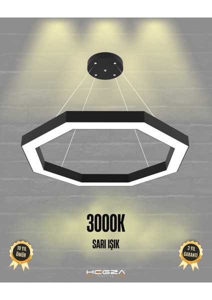 Octagon (Siyah Kasa, Sarı Işık) Ledli Modern Sarkıt Linear LED Avize Salon Mutfak Oturma Odası Yatak Odası Antre Hol LED
