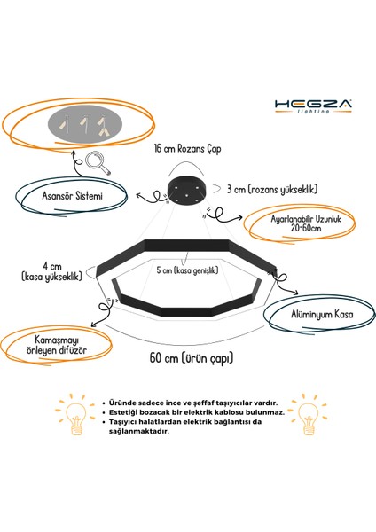 Octagon (Siyah Kasa, Sarı Işık) Ledli Modern Sarkıt Linear LED Avize Salon Mutfak Oturma Odası Yatak Odası Antre Hol LED modelleri