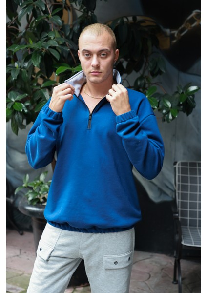 Saks Mavi Erkek Dik Yaka Yarım Fermuarlı Sweatshirt modelleri