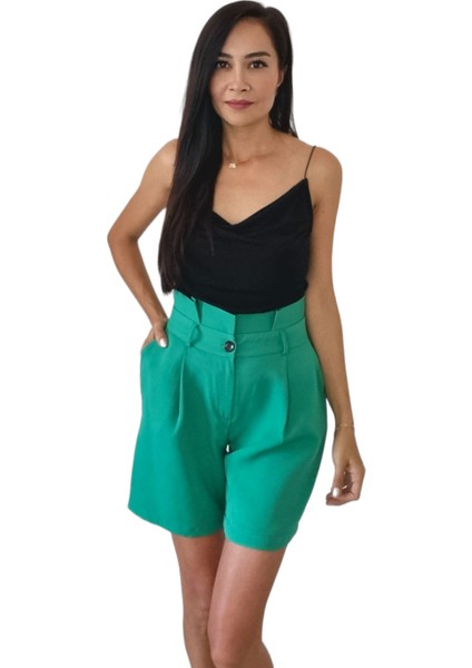 Kadın Yeşil Havuç Bel Rahat Beden Şort