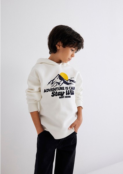 Adventure Is Callıng Baskılı Kapüşonlu Beyaz Erkek Sweatshirt M6S10077-70057