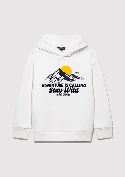 Adventure Is Callıng Baskılı Kapüşonlu Beyaz Erkek Sweatshirt M6S10077-70057