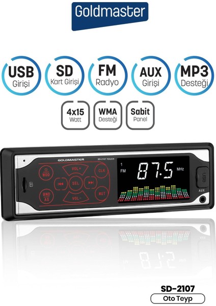 2 Yıl SD-2107 Touch USB Oto Radyo USB Girişi 4X45 Watt