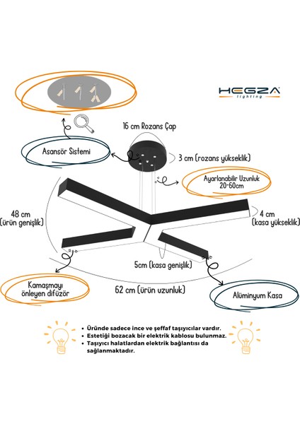 Bambino (Siyah Kasa, Sarı Işık) Ledli Modern Sarkıt Linear LED Avize Salon Mutfak Oturma Odası Yatak Odası Antre Hol LED