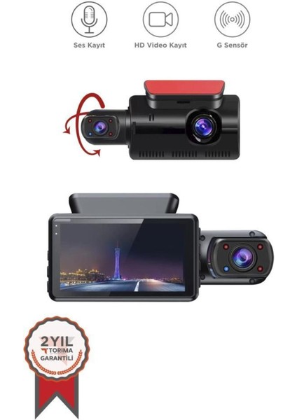 Torimata-03 1296P Full Hd Çift Kameralı Araç Kamerası | 3.0” IPS Ekran, G Sensörlü ve Gece Görüş Destekli