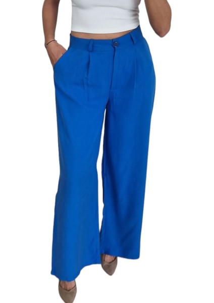 Kadın Mavi Beli Düğmeli Palazzo Pantolon