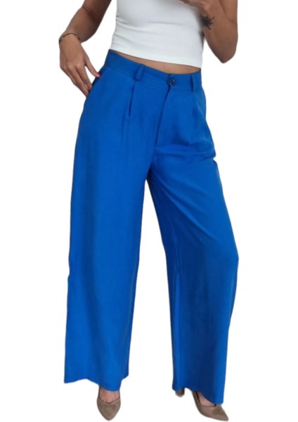 Kadın Mavi Beli Düğmeli Palazzo Pantolon fiyatları