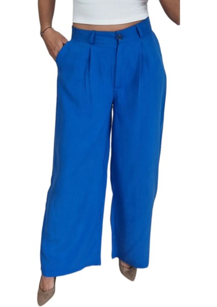 Kadın Mavi Beli Düğmeli Palazzo Pantolon modelleri