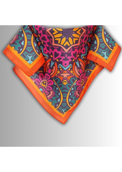 Turuncu Fular Bandana Ipeksi Twill Saten Kumaş Çok Renkli Mandala Desenli