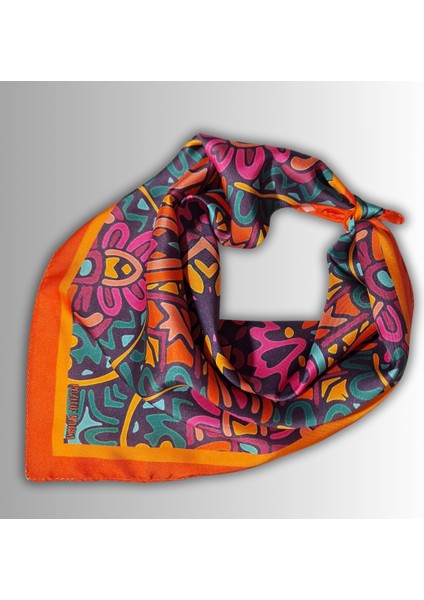 Turuncu Fular Bandana Ipeksi Twill Saten Kumaş Çok Renkli Mandala Desenli modelleri