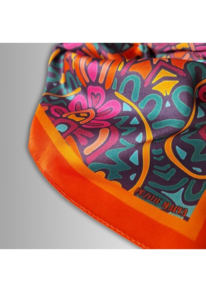 Turuncu Fular Bandana Ipeksi Twill Saten Kumaş Çok Renkli Mandala Desenli fırsatları
