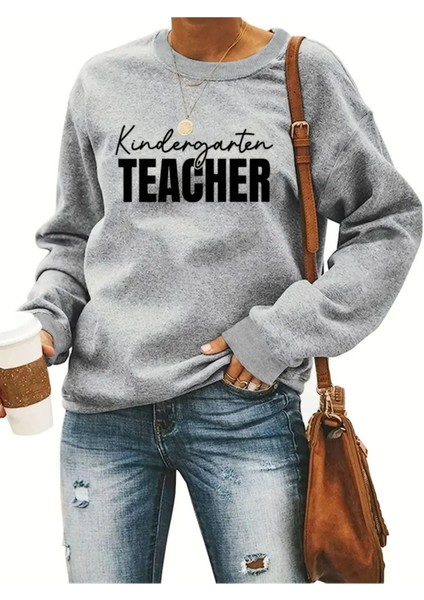 24 Kasım Öğretmenler Günü Baskılı Bisiklet Yaka Oversize Gri Sweatshirt