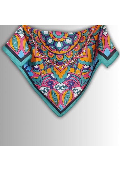 Yeşil Fular Bandana Ipeksi Twill Saten Kumaş Çok Renkli Mandala Desenli