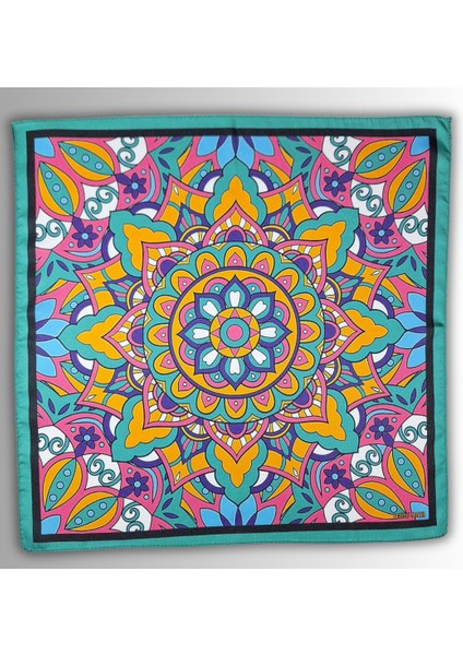 Yeşil Fular Bandana Ipeksi Twill Saten Kumaş Çok Renkli Mandala Desenli