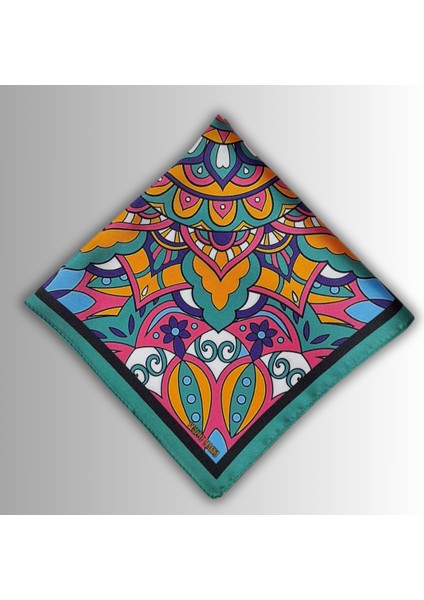 Yeşil Fular Bandana Ipeksi Twill Saten Kumaş Çok Renkli Mandala Desenli