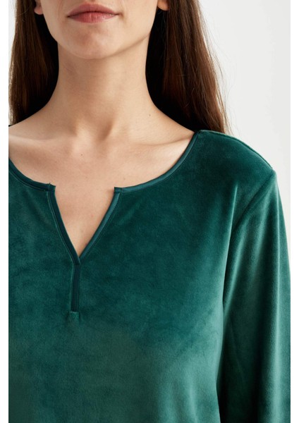 Pijama Takımı V Yaka Velur Uzun Kollu Üst Beli Lastikli Alt-Fall in Love A3356AX24AU indirimleri