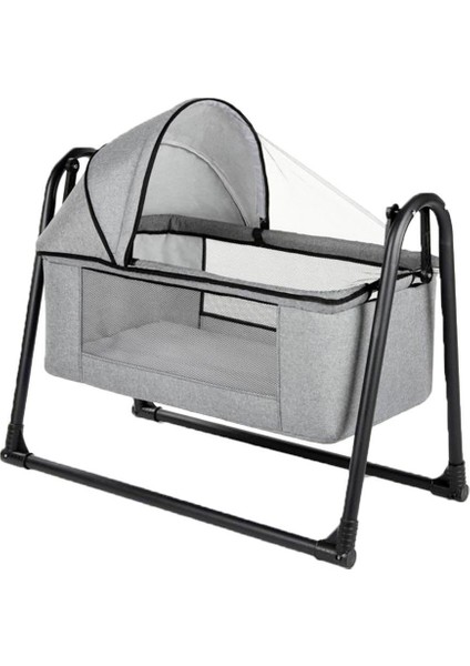 Gri Keten Kumaş Portatif Cibinlikli Sallanır Beşik