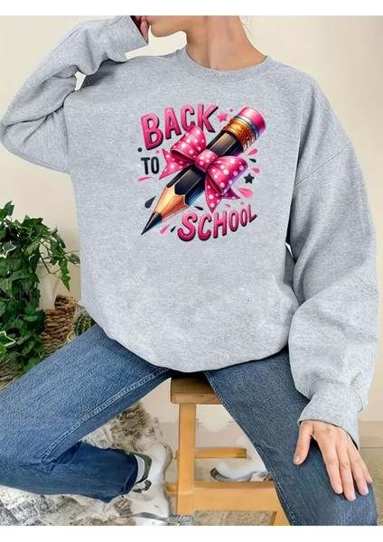 24 Kasım Öğretmenler Günü Baskılı Bisiklet Yaka Oversize Gri Sweatshirt
