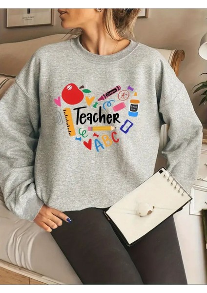 24 Kasım Öğretmenler Günü Baskılı Bisiklet Yaka Oversize Gri Sweatshirt
