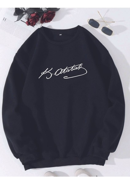 10 Kasım Atatürk Baskılı Bisiklet Yaka Oversize Siyah Beyaz Sweatshirt