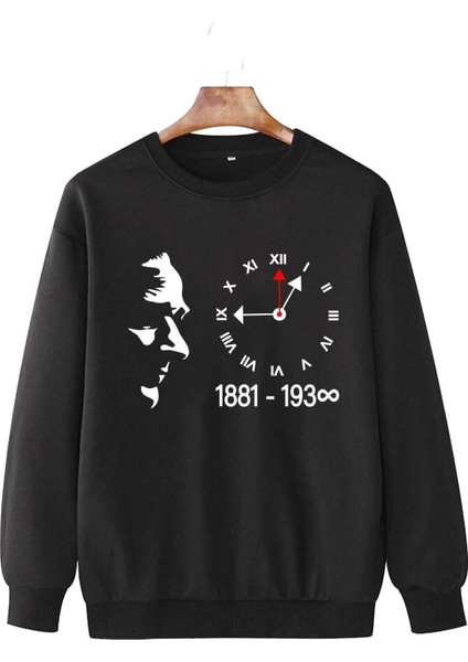 10 Kasım Atatürk Baskılı Bisiklet Yaka Oversize Siyah Beyaz Sweatshirt