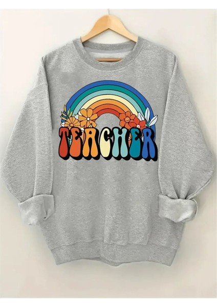 24 Kasım Öğretmenler Günü Baskılı Bisiklet Yaka Oversize Gri Sweatshirt