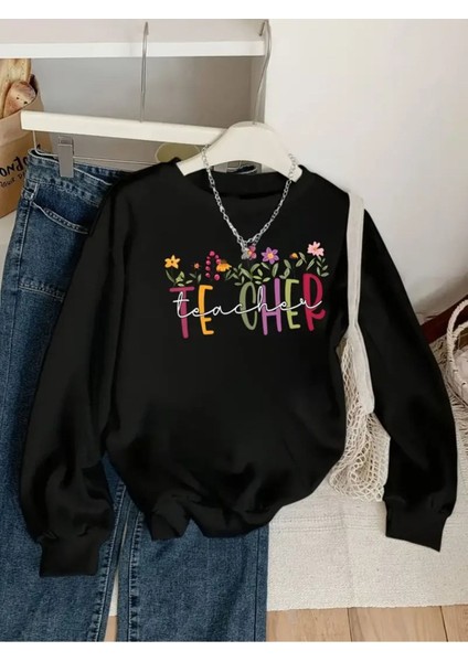 24 Kasım Öğretmenler Günü Baskılı Bisiklet Yaka Oversize Siyah Sweatshirt