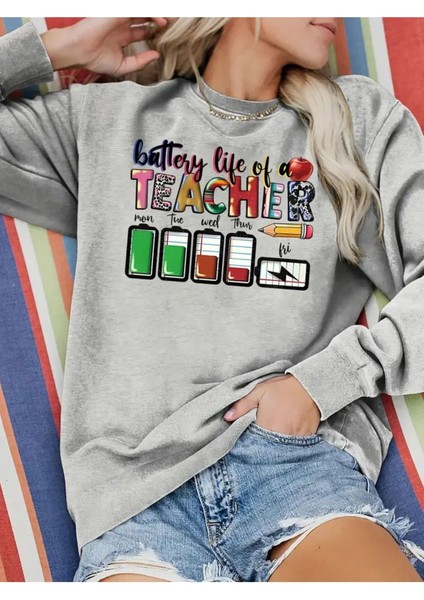 24 Kasım Öğretmenler Günü Baskılı Bisiklet Yaka Oversize Gri Sweatshirt