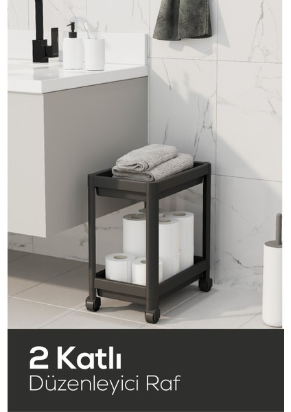 2 Katlı Tekerlekli Düzenleyici Raf - Banyo Dolabı Mutfak Tezgah Ve Evye Altı Düzenleyici Siyah