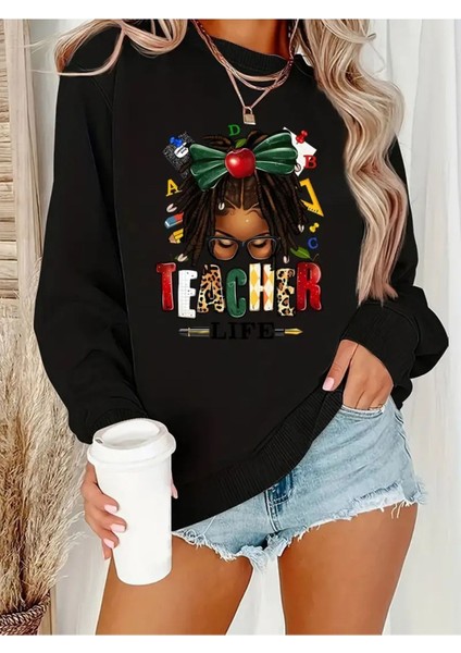 24 Kasım Öğretmenler Günü Baskılı Bisiklet Yaka Oversize Siyah Sweatshirt